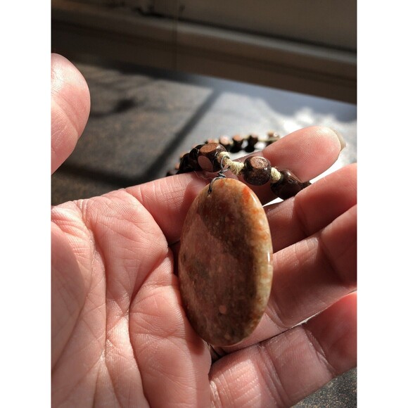 Autumn Jasper Stone Pendant Necklace w Square Wooden Beads Boho Handmade Hippie - Picture 16 of 16